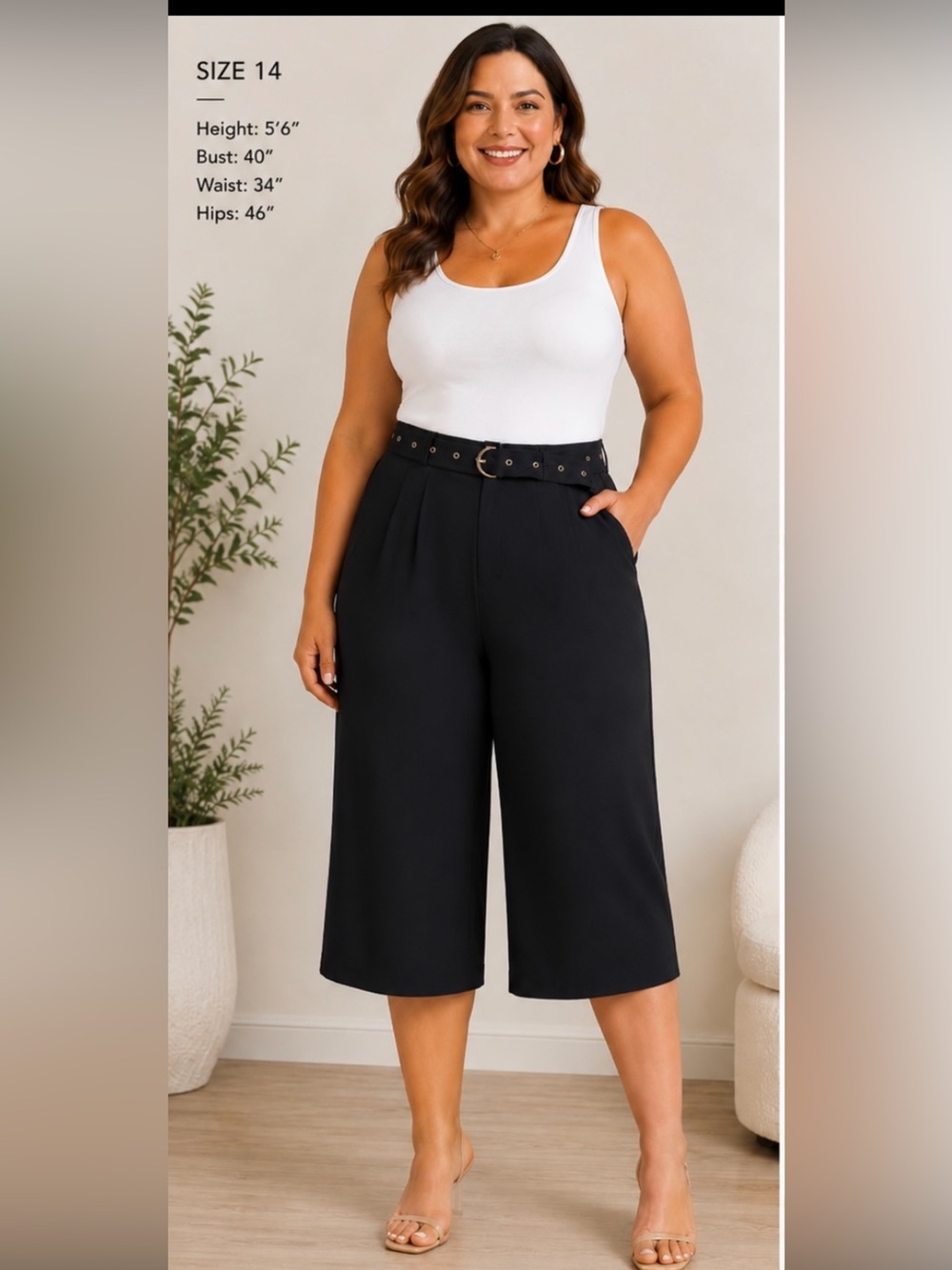 Des Ocleppo Mariana Black Wide Leg Capri Culotte Pants Belted Women’s Size 14